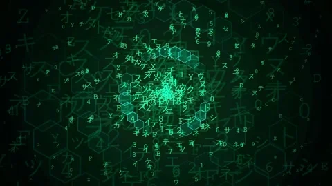 Abstract digital data stream with glowing green binary code and hexagonal Stock-Footage 343167185
