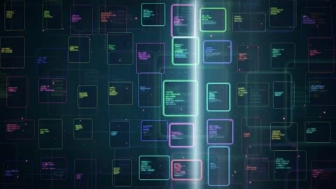 Abstract digital data stream with glowing neon rectangles and flowing binary Video stock 343171142