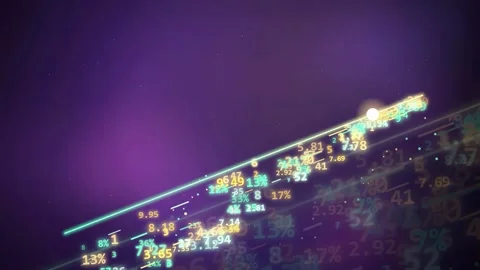Abstract digital data stream with glowing numbers and financial symbols moving 库存影片 343444003