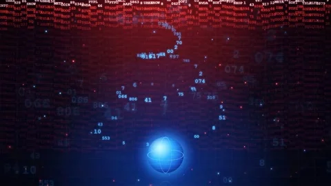 Abstract digital data stream with glowing blue sphere and flowing red binary Видео 343867427