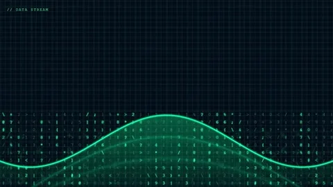 Abstract Digital Data Stream with Glowing Green Sine Wave and Binary Code on Video stock 343870556