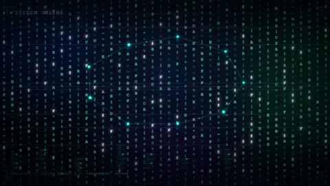 Abstract digital data stream with glowing binary code and connected network 库存影片 345760992