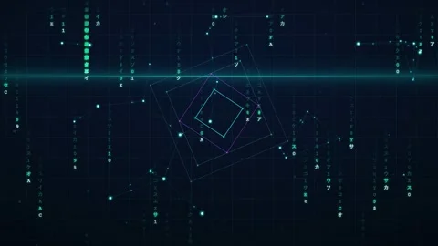 Abstract Digital Data Stream with Glowing Geometric Squares and Falling Binary Stock Footage 346206919