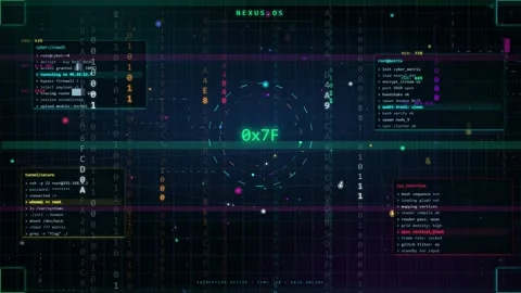 Abstract Digital Data Stream with Glowing Code and Futuristic HUD Interface on Stock Footage 346212630