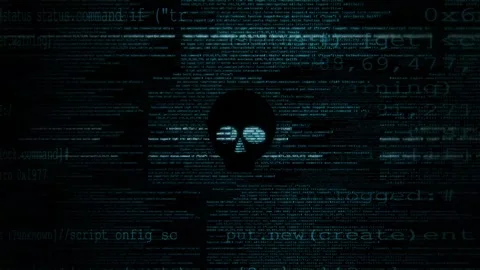 Abstract digital data stream with glowing skull icon and scrolling computer Stock Footage 347558506