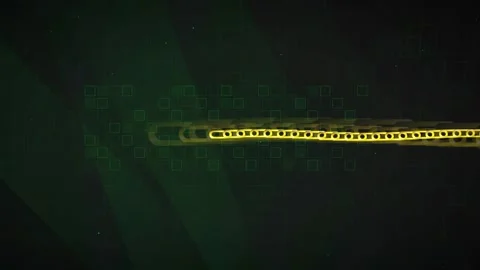 Abstract digital data stream with golden glowing lines and green binary square Stock Footage 339316397