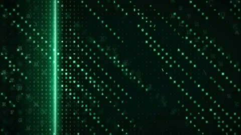 Abstract digital data stream with green binary code and glowing light lines on Video stock 343157138