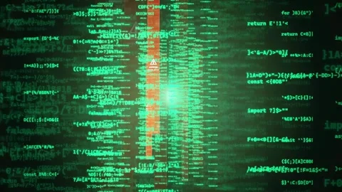 Abstract Digital Data Stream with Green Code and Red Warning Alerts on Dark Stock Footage 343158351