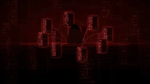 Abstract Digital Data Stream with Red Glowing Code and Network Connections on Stock Footage 341834061