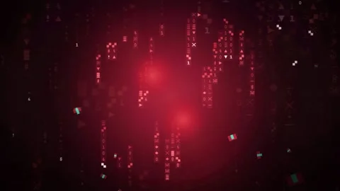 Abstract Digital Data Stream with Red Glowing Particles and Floating Binary Video stock 343153691