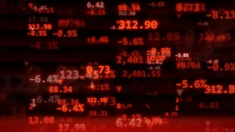 Abstract digital data stream with red financial stock market numbers and Stock Footage 343869705