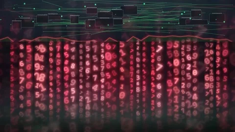 Abstract digital data stream with red glowing numbers and futuristic circuit Stock Footage 343870283