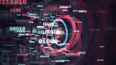 Abstract digital data stream with rotating binary code circles and futuristic Video stock 343154759