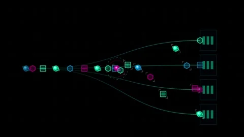 Abstract digital data stream routing through virtual networks with glowing .. Video stock 345984125