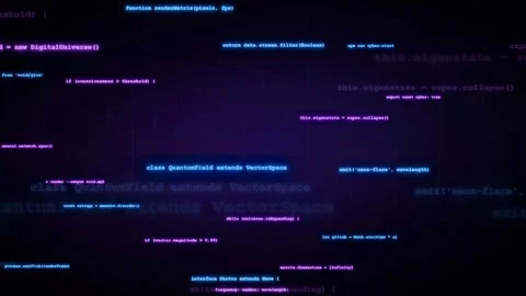 Abstract digital data stream with scrolling computer code and glowing neon text Stock Footage 336773124
