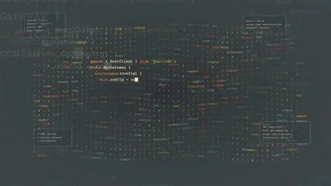 Abstract digital data stream with scrolling computer code and glitching text on Stock Footage 339955443