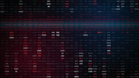 Abstract digital data stream with scrolling financial stock tickers and binary Stock Footage 344775847