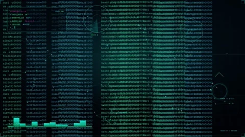 Abstract Digital Data Stream with Scrolling Binary Code and Futuristic HUD 库存影片 345765374