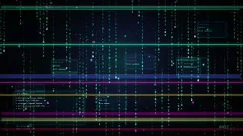 Abstract digital data stream with scrolling binary code and futuristic hud Stock Footage 346210045