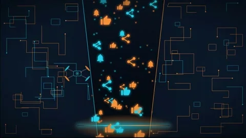 Abstract Digital Data Stream with Social Media Like and Share Icons on Tech Stock Footage 344773468