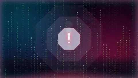 Abstract Digital Data Stream with Warning Alert Icon and Binary Code Matrix Видео 343156844