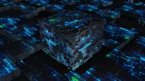 Abstract digital data, tech cube box, Sci-Fi Neon Glowing Lights in dark ba.. Stock Footage 268326637
