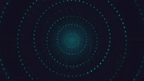 Abstract Digital Data Tunnel with Glowing Cyan Binary Code Particles Rotating Stock Footage 336772203