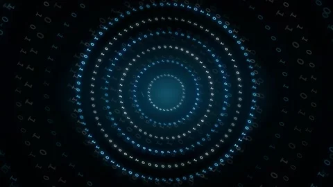 Abstract Digital Data Tunnel with Glowing Blue Binary Code Circles on Dark Stock Footage 339322876