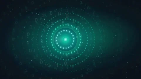 Abstract digital data tunnel with glowing teal binary code circles and Stock Footage 339326156
