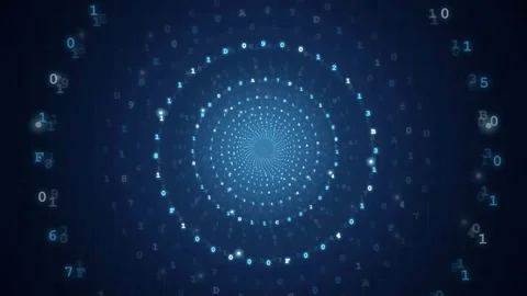 Abstract digital data tunnel with glowing binary code circles rotating in deep 스톡 동영상 343155130
