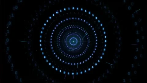 Abstract Digital Data Tunnel with Rotating Binary Code Circles and Glowing Stock Footage 339324484
