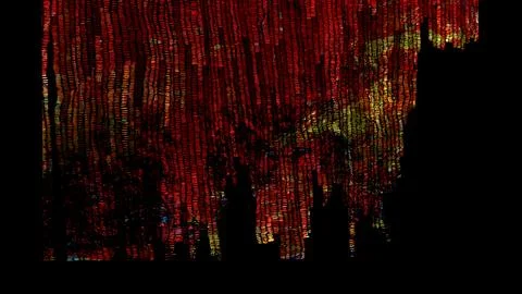 Abstract digital data visualization featuring vertical red and yellow pixelated Stock Illustration