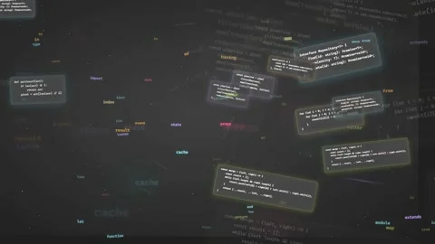Abstract digital data visualization with floating code snippets and programming Stock Footage 339968179
