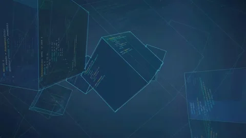 Abstract Digital Data Visualization with Floating 3D Cubes and Scrolling Stock Footage 339969873
