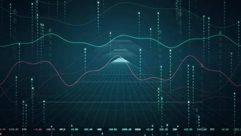 Abstract digital data visualization with flowing wave lines and binary code on Stock-Footage 343440536