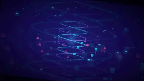 Abstract digital data visualization with glowing spiral lines and financial Видео 340402641