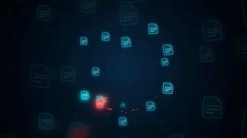 Abstract Digital Data Visualization with Glowing Document Icons and Red Warning Stock Footage 341828944