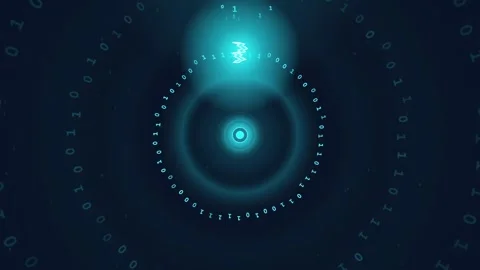 Abstract Digital Data Visualization with Glowing Binary Code Circles and Cyan Stock Footage 341834378