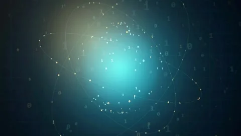 Abstract digital data visualization with glowing particles and binary code on Видео 343159400