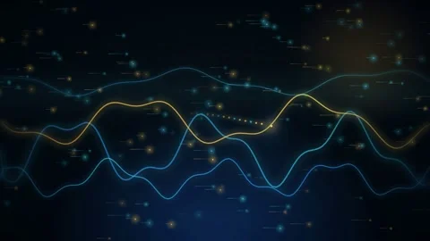 Abstract digital data visualization with glowing blue and gold wave lines on Stock Footage 346204248