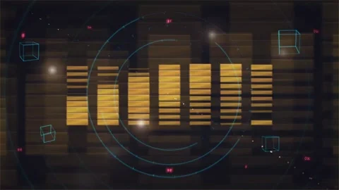 Abstract Digital Data Visualization with Golden Bars and Blue HUD Interface Stock Footage 339318049