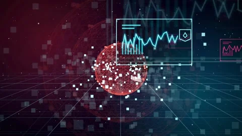 Abstract Digital Data Visualization with Rotating Red Sphere and Floating Stock Footage 343159889