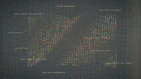 Abstract Digital Data Wave with Floating Particles and Programming Code on Dark Stock Footage 339969801