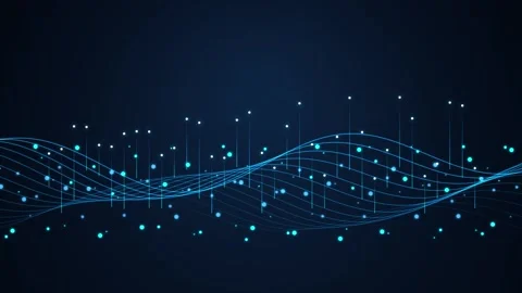 Abstract digital data wave flow with glowing blue particles on dark backgroun Stock Footage 346779395