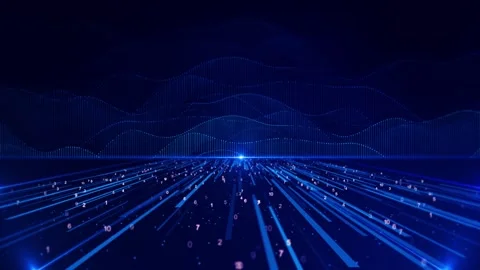 Abstract digital data wave glowing particles dynamic lines dark background Stock Footage 313728894