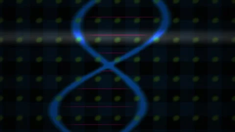Abstract Digital DNA Helix Animation Rotating on Dark Grid Background. Stock Footage 341779383