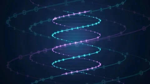 Abstract Digital DNA Helix Spiral with Binary Code Data Streams on Dark Blue Stock-Footage 343153396