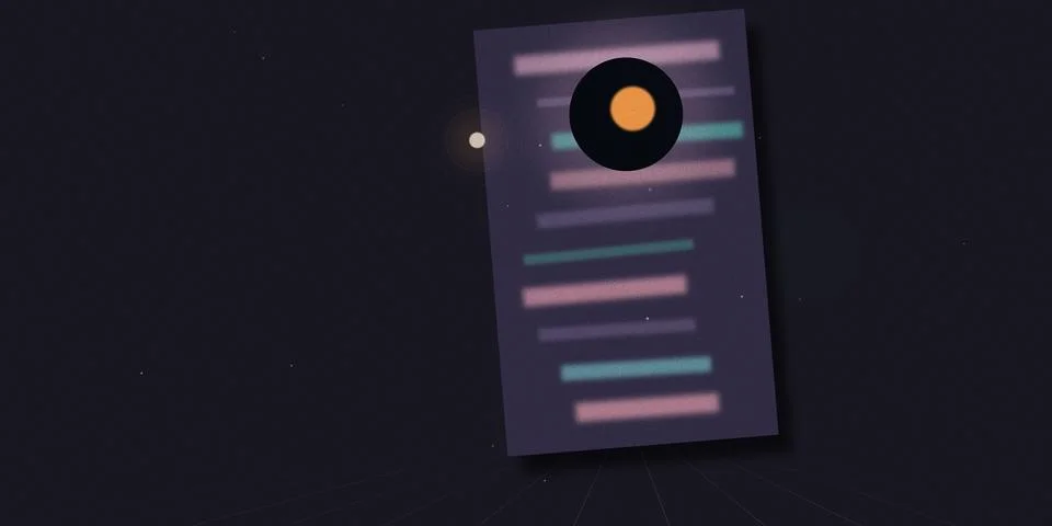 An abstract digital document with a circular search icon floats over a dark.. Illustrazione stock