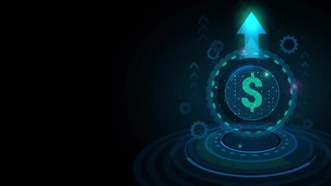 Abstract digital dollar coin stack with growth arrow up on technology background Stock Footage 265947442