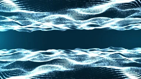 Abstract digital dynamic waves of blue shiny particles on moving lights Video stock 314464998